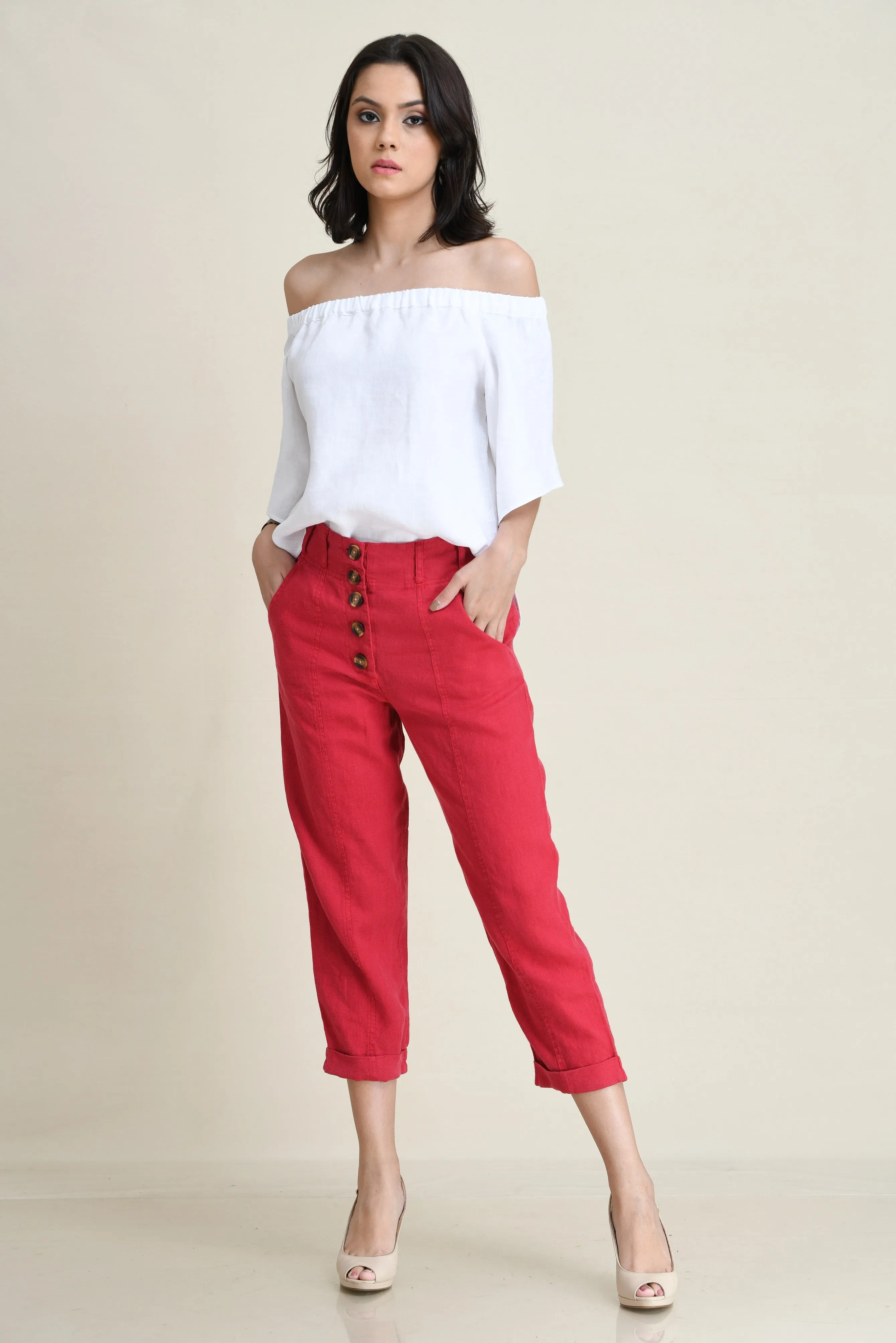 LINEN BUTTONED-UP CAPRI PANTS-MID-RISE